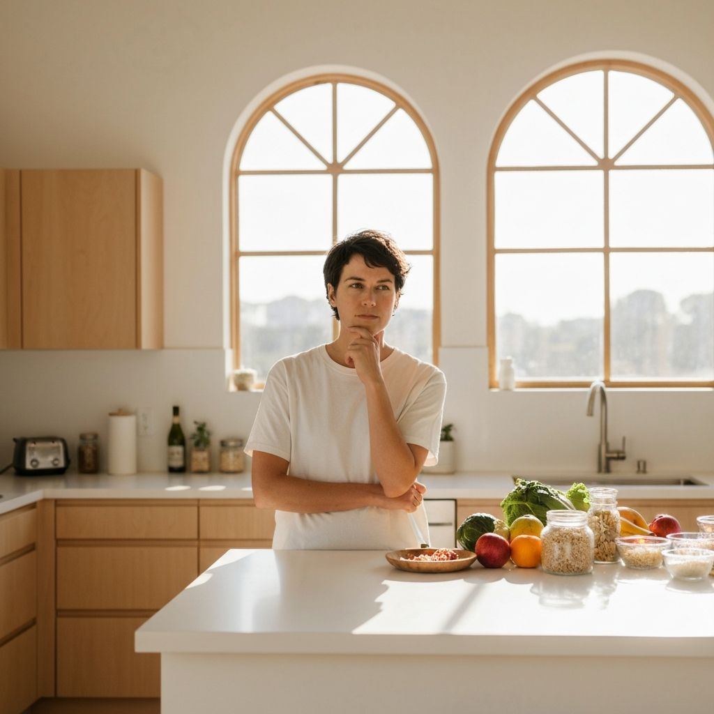 Person contemplating food choices in kitchen